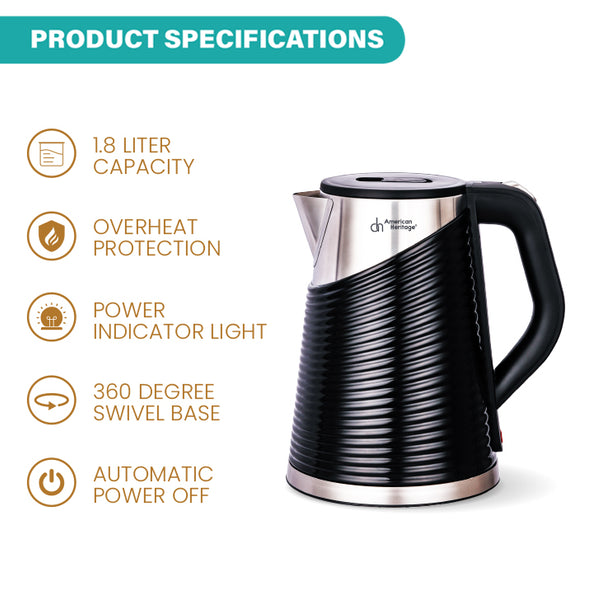 American Heritage 1.8L Stainless Steel Cordless Kettle with Overheat P