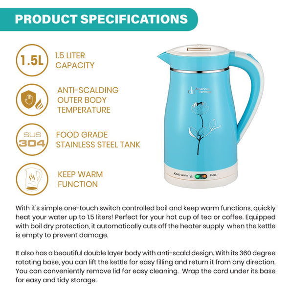 American Heritage 1.5L Cordless Kettle Switch Controlled Boil and Keep American Heritage Appliances