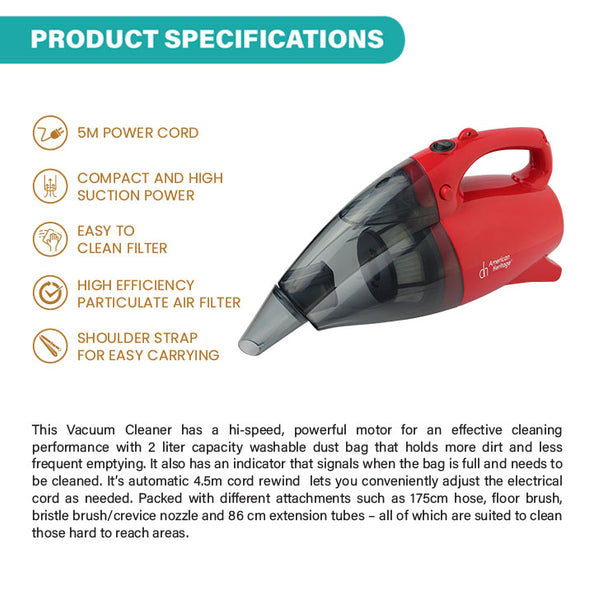 American Heritage Handy Vacuum Cleaner with HEPA Filter AHVC6202