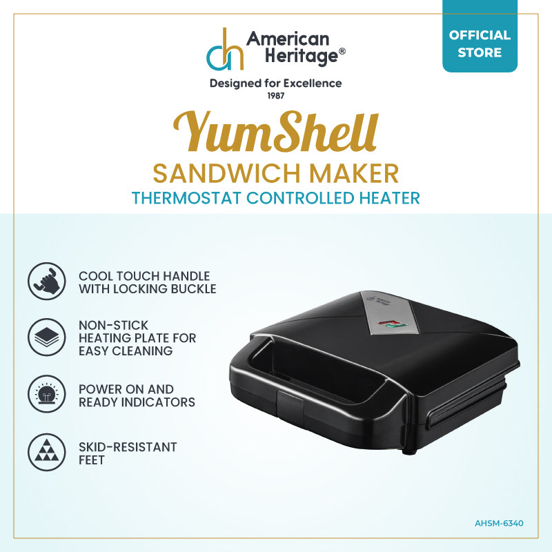 American Heritage Yumshell Sandwich Maker with Thermostat Controlled Heater AHSM-6340
